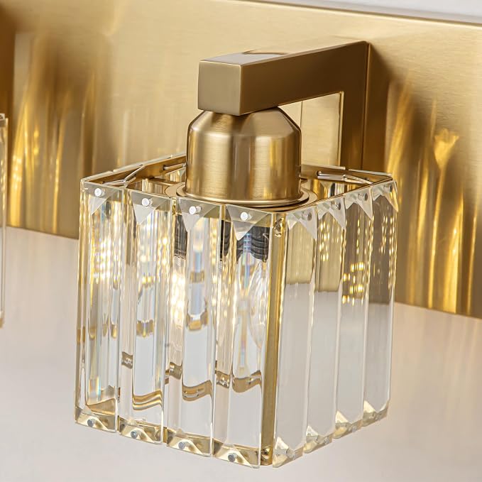 Gold Crystal Bathroom Vanity Lights Modern 3-Lights Bathroom Lighting Fixtures Over Mirror, Gold Crystal Wall Light with Square Shade