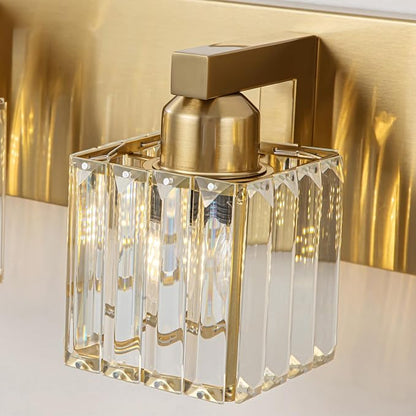 Gold Crystal Bathroom Vanity Lights Modern 3-Lights Bathroom Lighting Fixtures Over Mirror, Gold Crystal Wall Light with Square Shade