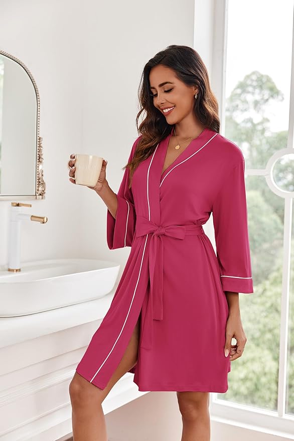 Ekouaer Women Kimono Robes Knee Length Knit Bathrobe Lightweight Soft Sleepwear V-neck Casual Ladies Loungewear