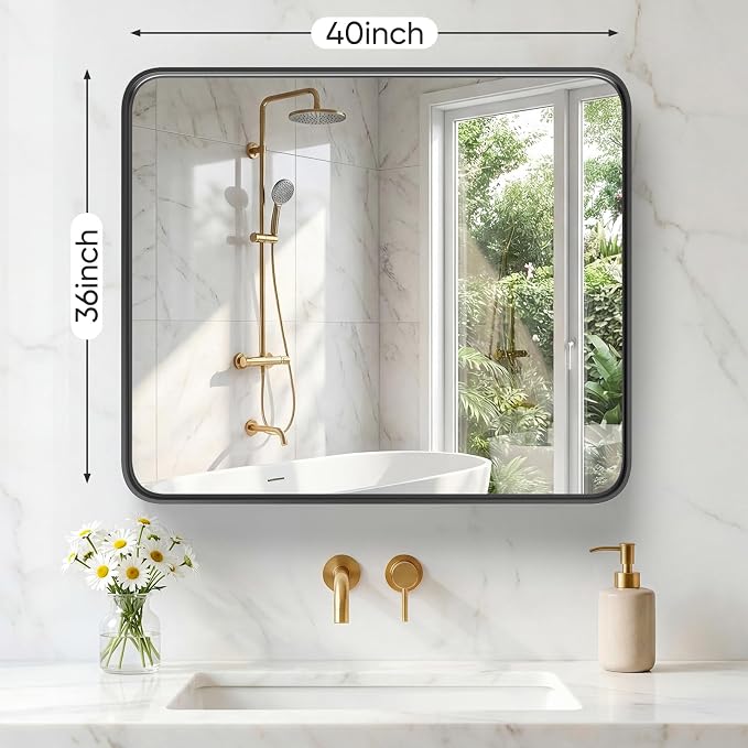 Sweetcrispy Bathroom Mirror 40x36 Inch, Vanity Mirror for Wall | Metal Framed Rounded Rectangle, Over Sink, Farmhouse Restroom, Anti-Rust, Horizontal or Vertical Hanging, Black