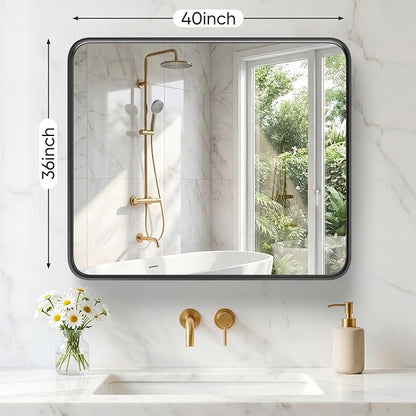 Sweetcrispy Bathroom Mirror 40x36 Inch, Vanity Mirror for Wall | Metal Framed Rounded Rectangle, Over Sink, Farmhouse Restroom, Anti-Rust, Horizontal or Vertical Hanging, Black