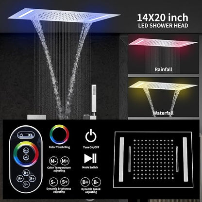 Temperature Display Shower System Brushed Nickel Shower Faucet Set with 14X20 inch Ceiling Shower(Rainfall & Waterfall Modes), with Handheld Spray