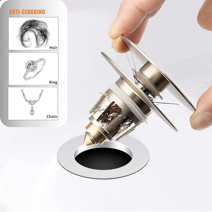 Universal Bathroom Sink Drain Stopper, Fits Most Pop-Up Drains for Vessel Sink Lavatory Vanity, Sink Drain Strainer with Detachable Hair Catcher, Tested by Plumber in US (Brushed Nickel)