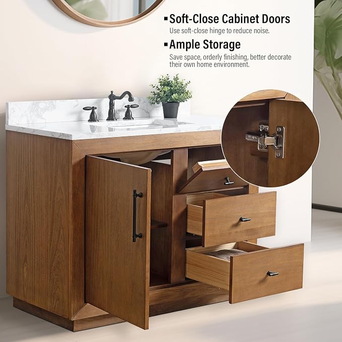 Vanity Art 42 inch Bathroom Vanity with Single Sink, Modern Wood Bath Vanity with Carrara Marble Top, Vanity Cabinet with Doors， Removable Shelf, Solid Wood Frame, Ceramic Sink, Tan, VA7042E