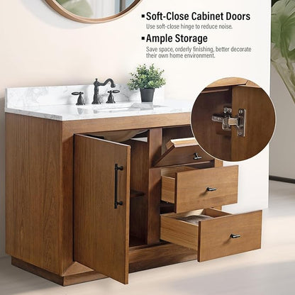 Vanity Art 42 inch Bathroom Vanity with Single Sink, Modern Wood Bath Vanity with Carrara Marble Top, Vanity Cabinet with Doors， Removable Shelf, Solid Wood Frame, Ceramic Sink, Tan, VA7042E