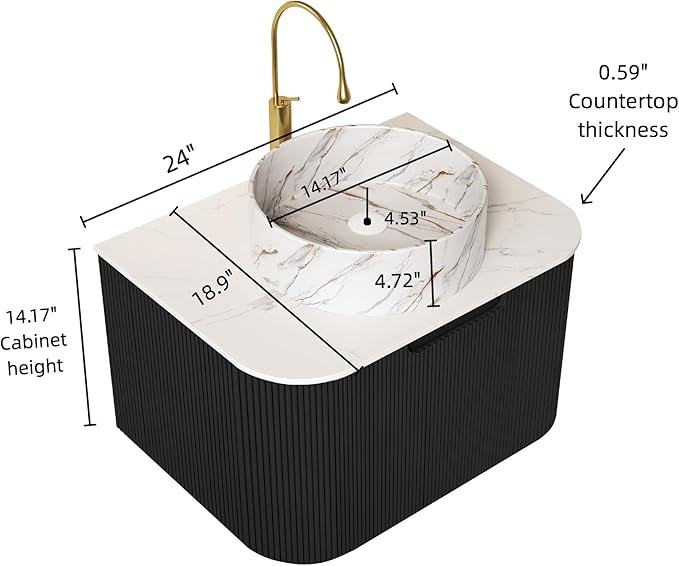 24'' Floating Vanity with Sink Combo, Modern Wall-Mounted Curved Edges Striped Bathroom Storage Cabinet with Soft-Close Drawer and White Stone Pattern Basin, Black