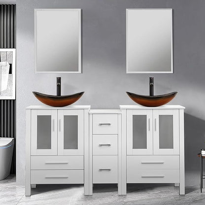UEV 60" Double Sink Bathroom Vanity,White Bathroom Vanity with Double Side Vanity Cabinets & Removable 3 Drawer Storage Cabinet with Vessel Sink,Mirror Not Included(029BR)