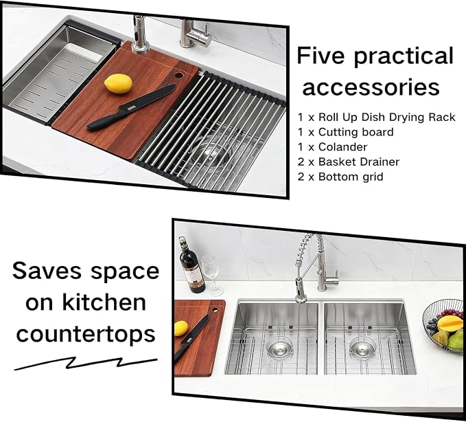 COMLLEN 33 Inch Double Bowl Undermount Kitchen Sink,33x19 Inch Workstation 16 Gauge Stainless Steel Double Kitchen Sinks with Cutting Board,9 Inch Deep Sink Maximizes Space Efficiency