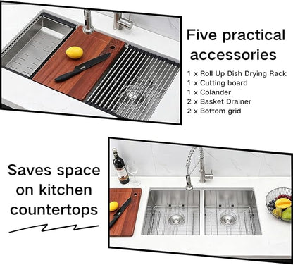 COMLLEN 33 Inch Double Bowl Undermount Kitchen Sink,33x19 Inch Workstation 16 Gauge Stainless Steel Double Kitchen Sinks with Cutting Board,9 Inch Deep Sink Maximizes Space Efficiency