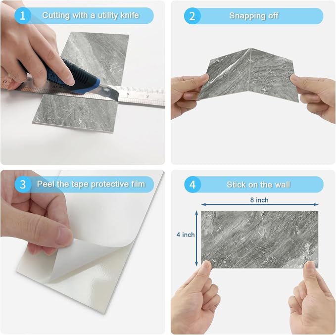 URCOLOR 32-Piece Peel and Stick Backsplash Wall Tile, 4"x 8" PVC Glossy Dark Gray Marble Stick on Subway Tiles for Kitchen, Bathroom, Laundry Room, Camper, Fireplace