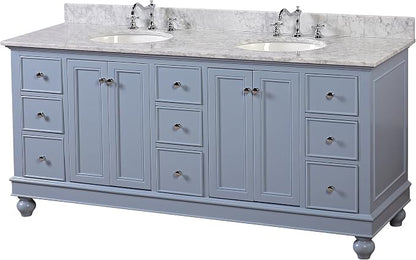 Bella 72-inch Double Bathroom Vanity (Carrara/Powder Blue): Includes Powder Blue Cabinet with Authentic Italian Carrara Marble Countertop and White Ceramic Sinks
