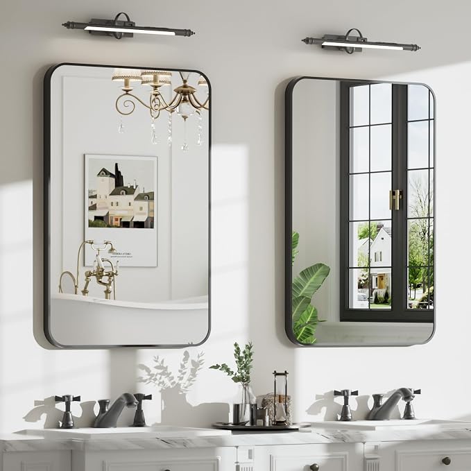 24"x30" Matte Black Rectangle Vanity Bathroom Mirror, Set of 2 | Aluminum Alloy Frame, Clear Reflection, Rust-Resistant, Vertical or Horizontal, Wall Mount, Bedroom and Entryway