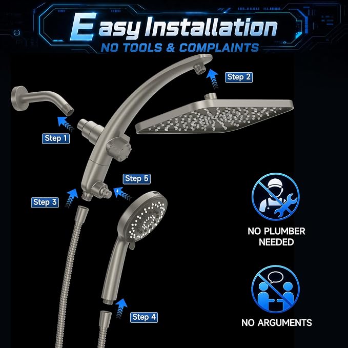 Veken 12" Rain Shower Head with Handheld,High Pressure Power Wash,Magnetic | Starlight,Dual Shower Heads Combo,8-Mode Hand Held Spray with Hose,Double Detachable Rainfall Showerhead,Bathroom Accessories