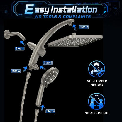 Veken 12" Rain Shower Head with Handheld,High Pressure Power Wash,Magnetic | Starlight,Dual Shower Heads Combo,8-Mode Hand Held Spray with Hose,Double Detachable Rainfall Showerhead,Bathroom Accessories