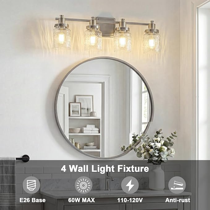 4 Light Bathroom Vanity Light Fixtures Modern Brushed Nickel | ETL Certificate, Easy to Install,Wall Mount Up or Down,Hammered Glass Lampshade,E26 Socket,Hardwired,120V