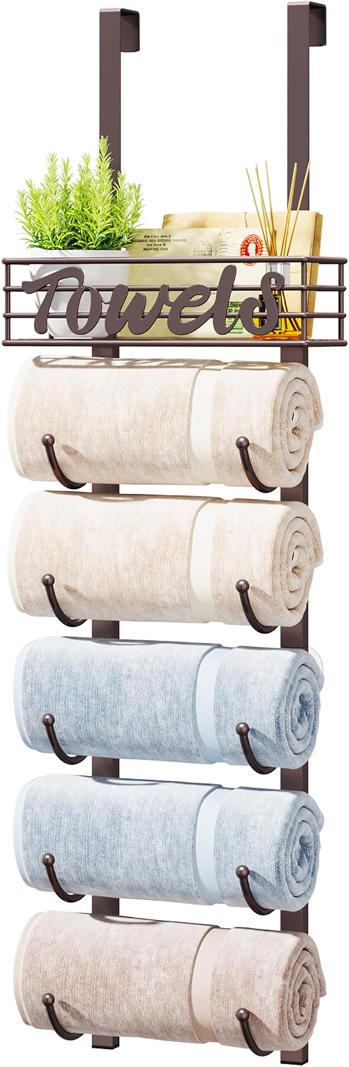 HapiRm Towel Racks for Bathroom Storage - 6 Tier Over The Door & Wall Mount Rolled Towel Storage Organizer Holder with Metal Shelf Basket for Small Bathroom, Camper, Rv - Bronze, Patented