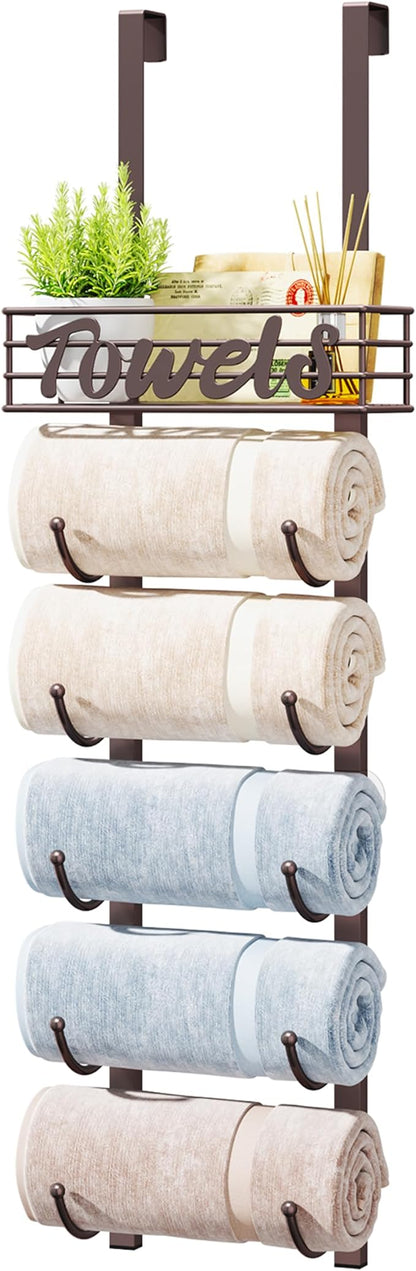 HapiRm Towel Racks for Bathroom Storage - 6 Tier Over The Door & Wall Mount Rolled Towel Storage Organizer Holder with Metal Shelf Basket for Small Bathroom, Camper, Rv - Bronze, Patented