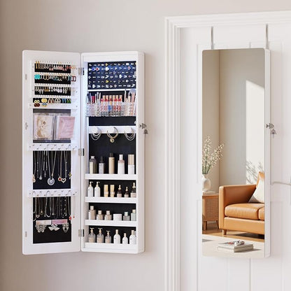 HNEBC Jewelry Cabinet with Lights,Wall Mounted Jewelry Organizer with Full-Length Mirror,Over The Door Hanging Jewelry Armoire Storage Cabinet,Lockable,Gift Idea,White