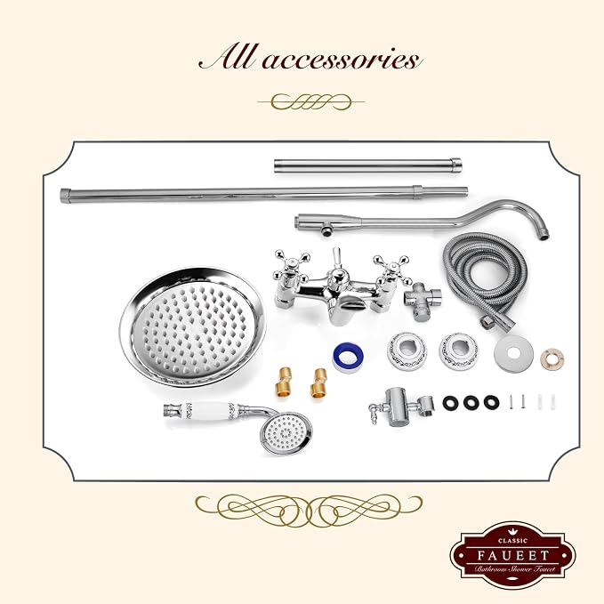 gotonovo Vintage Exposed Shower Faucet Set with Tub Spout,Polish Chrome | Bathtub 8” Shower Head with Handheld System Fixtures Combo Kit,360°Rotation,Fast Filler,Extra Extension Tube,for 5-6.7" Hole