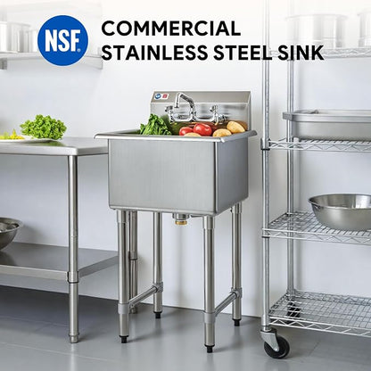1-Compartment Sink, 18x18x12 in. Kitchen Sink with Strainer X-Shaped Guides Backsplash, Freestanding Single Bowl Utility Sink, Work Station Sink for Garage Kitchen Laundry Room Pet Salon