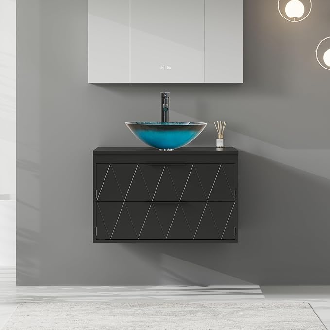 eclife 30" Floating Bathroom Vanities with Sink Combo, Wall Mounted Modern Cabinet W/Diamond Line Pattern Design, Turquoise Square Glass Vessel Sink W/Water Save Faucet & Pop Up Drain, Black