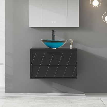 eclife 30" Floating Bathroom Vanities with Sink Combo, Wall Mounted Modern Cabinet W/Diamond Line Pattern Design, Turquoise Square Glass Vessel Sink W/Water Save Faucet & Pop Up Drain, Black