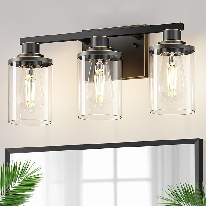 DORESshop 20 Inch Bathroom Light Fixtures, 3-Light Black with Gold Trim Over Mirror with Clear Glass Shade, Vanity Lights for Living Room Bedroom, ETL Listed