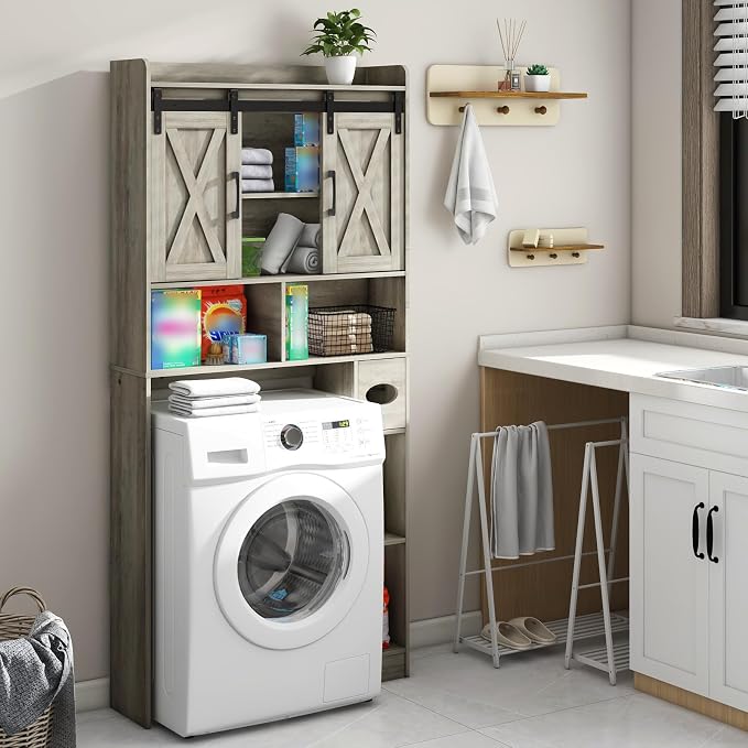 Vabches Over The Toilet Storage Cabinet with Sliding Doors, Grey | Farmhouse Storage Cabinet Over Toilet, Home Space-Saving Toilet Rack, Toilet Paper Holder Stand,for Restroom,Bathroom,Laundry