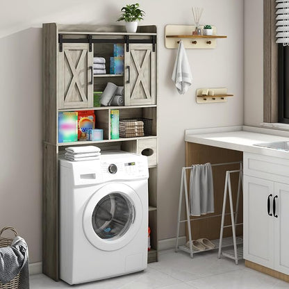 Vabches Over The Toilet Storage Cabinet with Sliding Doors, Grey | Farmhouse Storage Cabinet Over Toilet, Home Space-Saving Toilet Rack, Toilet Paper Holder Stand,for Restroom,Bathroom,Laundry