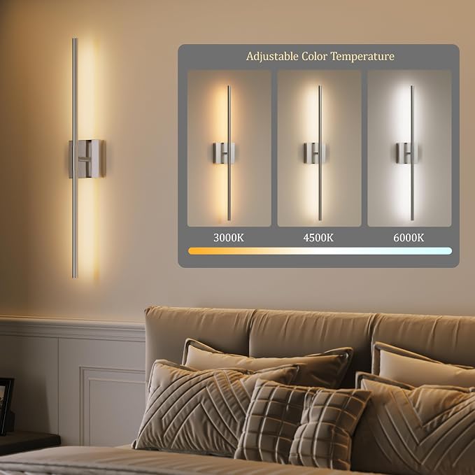 Morauroral Battery Operated Wall Sconces Set of 2, 3 Color Dimmable Rechargeable Wall Light with Remote, 24 Inch Sand-Nickel Wireless Sconces Wall Decor with Timer Function for Living Room, Bedroom,TV