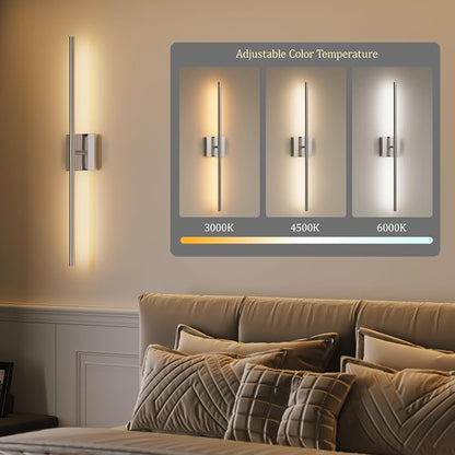 Morauroral Battery Operated Wall Sconces Set of 2, 3 Color Dimmable Rechargeable Wall Light with Remote, 24 Inch Sand-Nickel Wireless Sconces Wall Decor with Timer Function for Living Room, Bedroom,TV