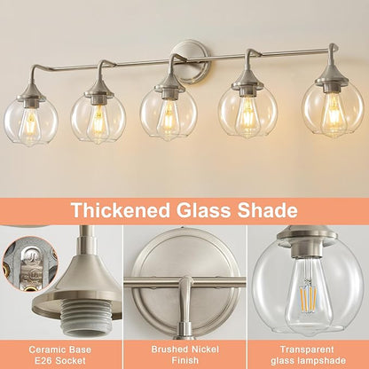 Bathroom Vanity Lights with Clear Glass Shade, E26 Base, Vanity Lighting Fixtures Over Mirror, 39 Inch Vanity Lights for Bathroom (Exclude E26 Bulb) (Brushed Nickel, 5-Lights)
