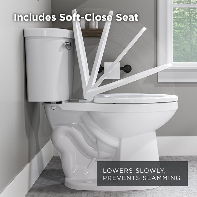 Gerber Maxwell Crest Elongated Two-Piece Toilet, Soft-Close Seat, White | Efficient flush clears the bowl with ease | Tool-free install kit with wax ring included | Glazed trapway prevents clogs