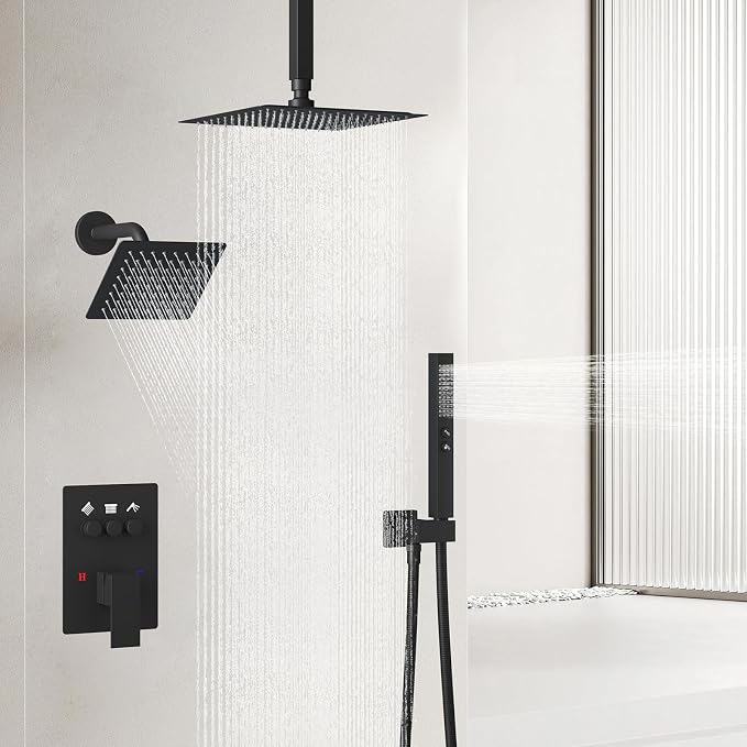 Shower Faucet Set Shower System, Push Button Diverter Shower Faucet | with 2 in 1 Handheld Shower Ceiling Mount 10 Inch Shower Head with 6 Inch Wall Mount Shower Head Double Matte Black