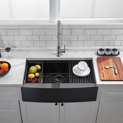 VAPSINT 33 Inch Black Farmhouse Kitchen Sink, 33x20x9 Inches Stainless Steel Undermount 16 Gauge Deep Single Bowl Apron Front Workstation Ledge Farm Sink with Accessories