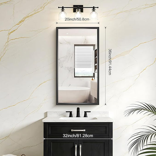 20x36 Inch Black Bathroom Mirror, Brushed Black Rectangle Mirror for Over Sink, 0.6" Thickened Deep Aluminum Frame Rectangular Vanity Mirror, Tempered Glass, Antirust, Horizontally/Vertically