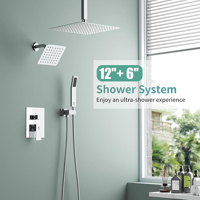 Shower Faucet Set Shower System - SR SUN RISE Polished Chrome Shower Trim Kit with Dual Shower Head, 12'' Ceiling Rainfall 6'' Wall Mount with Handheld Shower for Couples, Complete 6 Diverter Valve