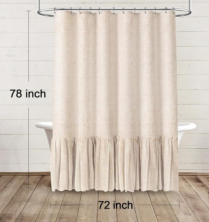 Farmhouse Shower Curtain Ruffle Linen Beige 72" W x 78" L | Linen Fabric, Farmhouse Boho, Bottom Ruffle, Rustic, Country, Natural Look, Washable, Shower Curtain for Bathroom Bathtub
