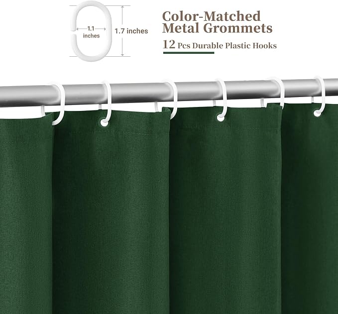 BTTN Extra Long Scalloped Linen Textured Shower Curtain Set, 72x96, Emerald | Extra Tall Size, 230GSM Waterproof Polyester, Heavy Duty Fabric, 12 Plastic Hooks, Boho Farmhouse Style, Machine Washable