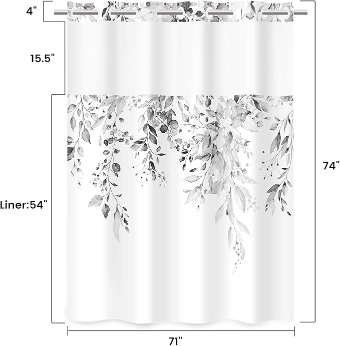 No Hook Floral Shower Curtain with Liner, Eucalyptus Grey, 71x74 | Snap in Liner, 3 in 1, Water Repellent, Easy Install, Machine Washable, Hotel Style for Bathroom, Watercolor Pattern
