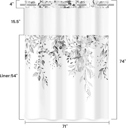 No Hook Floral Shower Curtain with Liner, Eucalyptus Grey, 71x74 | Snap in Liner, 3 in 1, Water Repellent, Easy Install, Machine Washable, Hotel Style for Bathroom, Watercolor Pattern