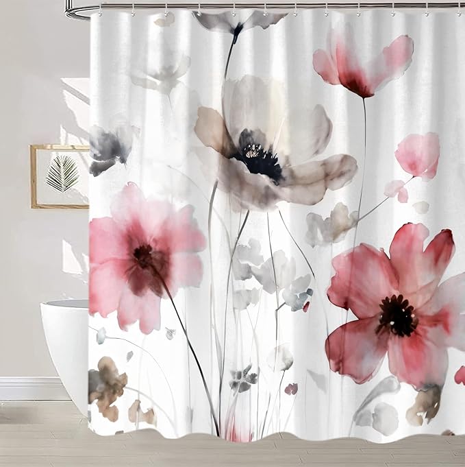 Sanzugh Boho Floral Shower Curtain, Cream Tan Beige Red Grey White Flower Farmhouse Fabric Shower Curtains Set for Bathroom Decorative with Hooks 72 X 72 inch Spring Bath Decor