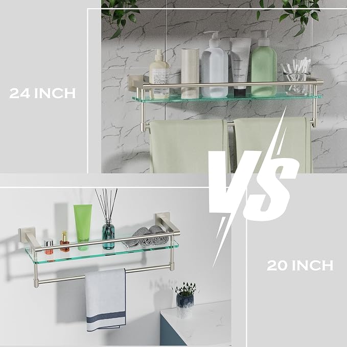 24-Inch Modern Wall-Mounted Bathroom Glass Shelf with 1 Shelf, Brushed Nickel, 1 Towel Bar, 45 lbs Weight Capacity