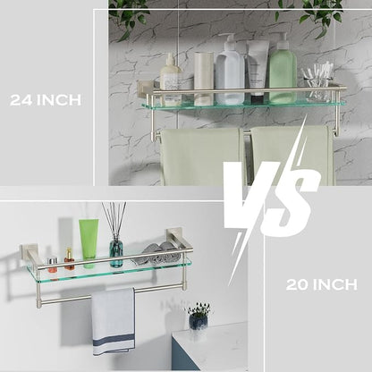 24-Inch Modern Wall-Mounted Bathroom Glass Shelf with 1 Shelf, Brushed Nickel, 1 Towel Bar, 45 lbs Weight Capacity