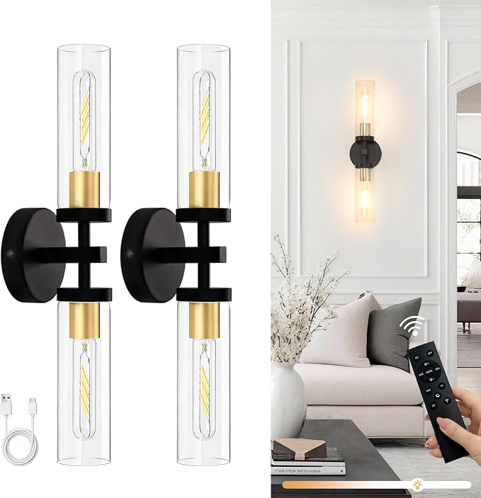 Shenmoyl Set of 2 Wall Sconces, 7800 mAh Battery Operated Wall Sconce with 3 Colors & Remote Control, Black Gold Rechargeable Wall Lamp with Clear Glass Shade for Bedroom, Bathroom, Stairwell, Hallway