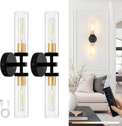 Shenmoyl Set of 2 Wall Sconces, 7800 mAh Battery Operated Wall Sconce with 3 Colors & Remote Control, Black Gold Rechargeable Wall Lamp with Clear Glass Shade for Bedroom, Bathroom, Stairwell, Hallway