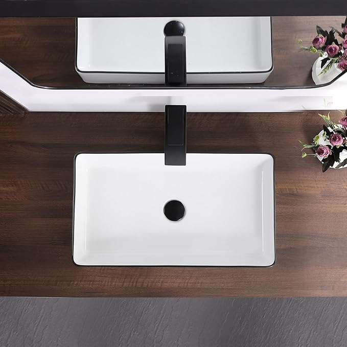 Vessel Sink Rectangle 24"x14" Bathroom Sink Above Counter Porcelain Ceramic White with Black Rim Ceramic Vessel Sinks for Bathrooms