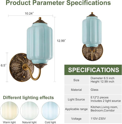 Vintage Gold Milk Glass Wall Sconce, Wall Light Set of Two - Vintage Mint Blue Shade & Brass Finish Base, Indoor Hardwired Wall Lighting Fixture for Foyers, Bedroom, etc (Bulbs Included)- Milk Blue