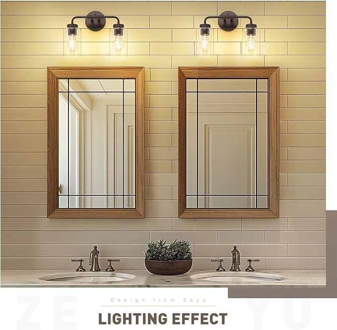 zeyu 2-Light Bronze Vanity Light for Bathroom, Clear Glass, ZS62B-2W ORB | Farmhouse Bathroom Wall Sconce, Clear Glass Shades, Oil Rubbed Bronze, 2-Light Design, Hardwired, Up/Down Mount, ETL Listed