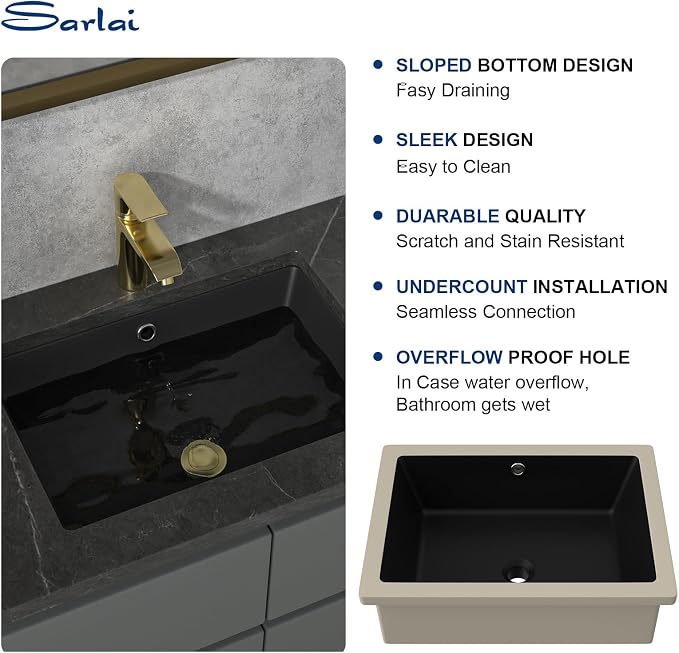 Sarlai Undermount Bathroom Sink - 22"x16" Vanity Sink Black Rectangular Undermount Vessel Sink Porcelain Ceramic Lavatory Vanity Bathroom Sink